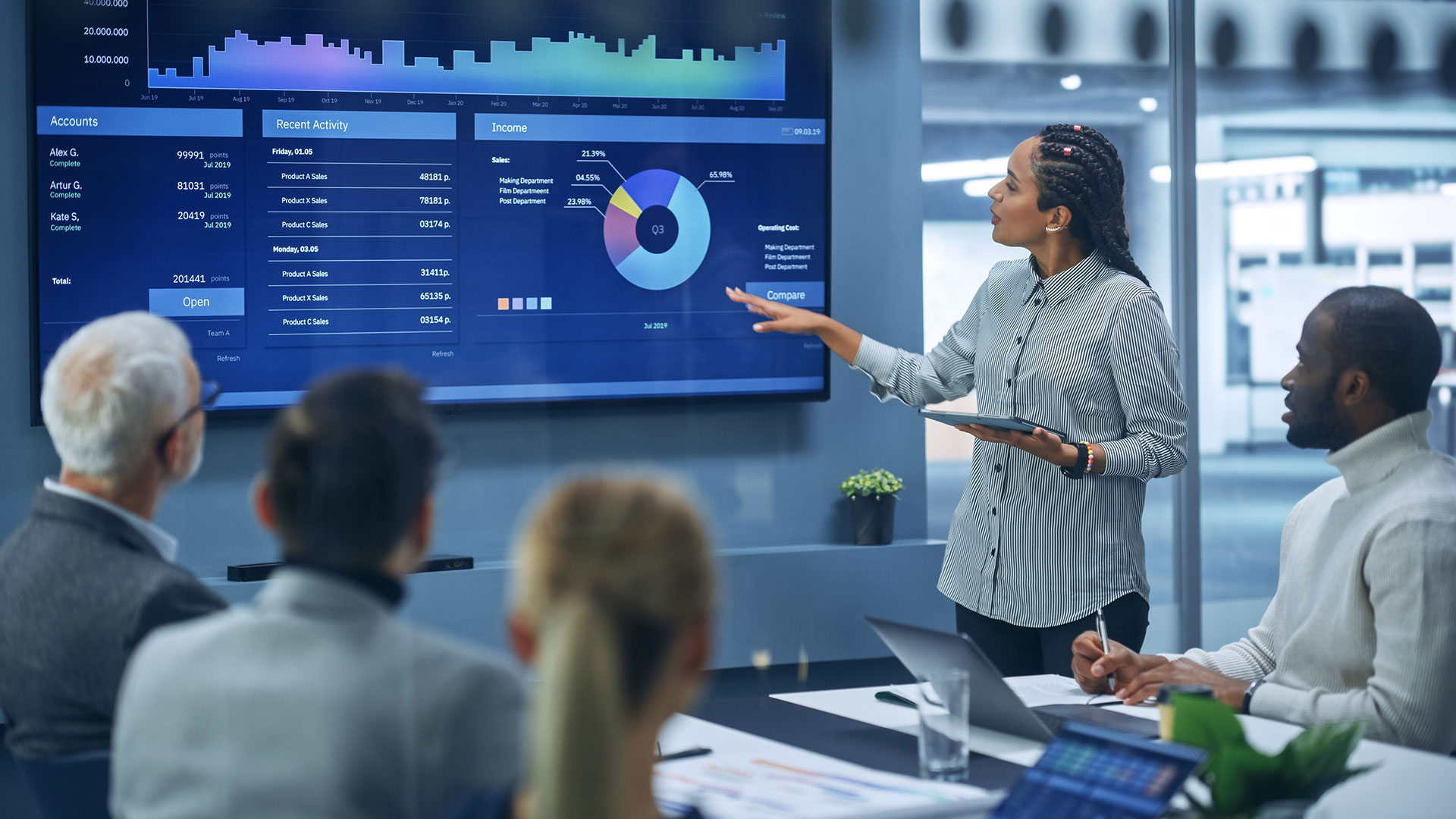 People in conference room, looking at presentation on screen