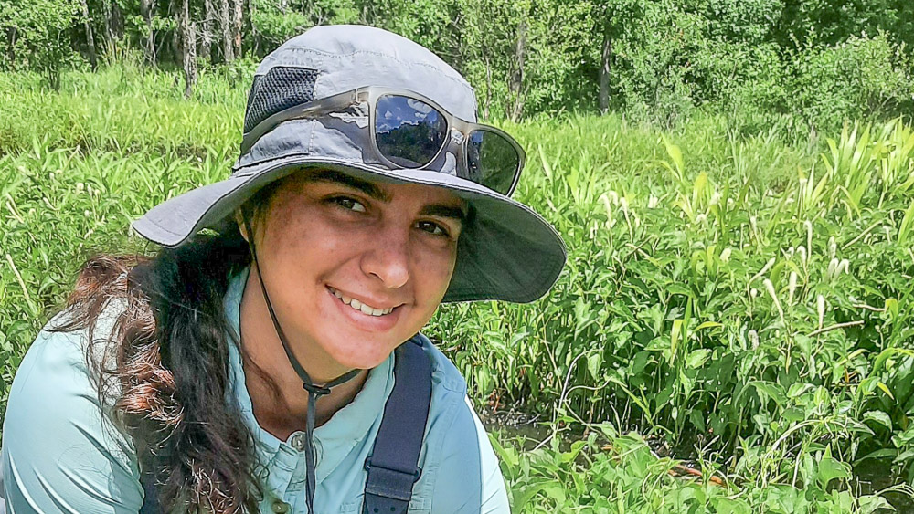 Danielle DeChellis Person wearing a sun hat and field gear, smiling in a wetland area surrounded by dense green vegetation.