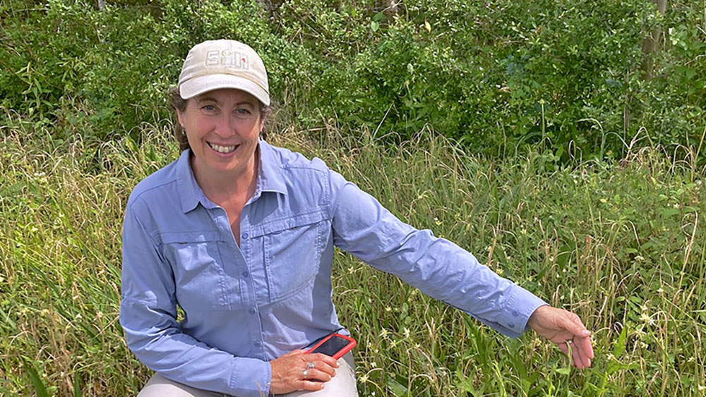 Wendy sits in a field of wildflowers on a sunny day.