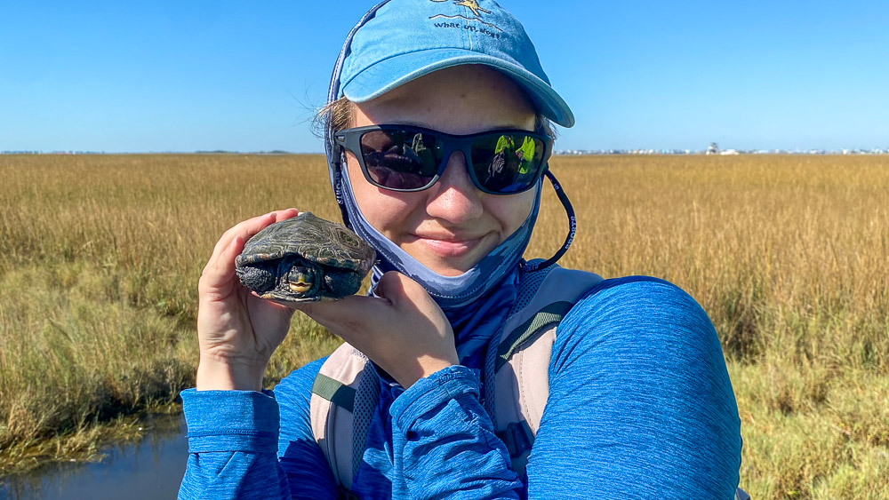 a person standing in a marsh is holding up a turtle