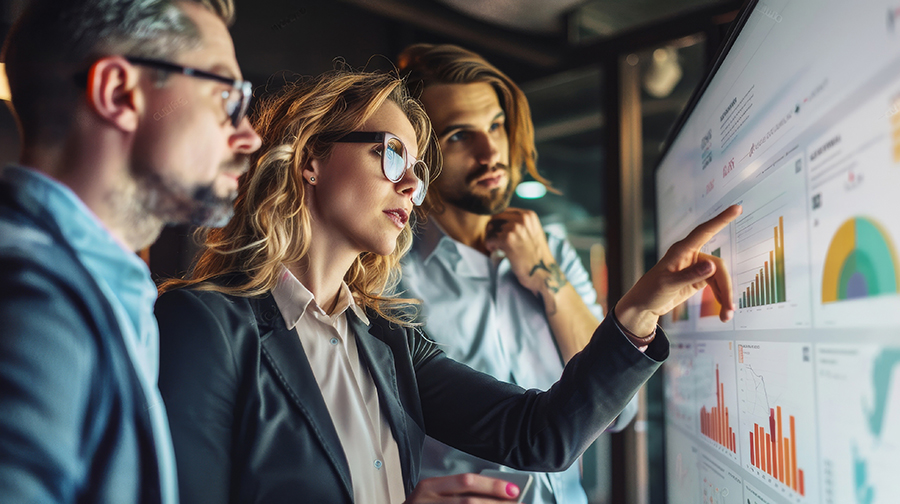 Three people reviewing graphs on a monitor